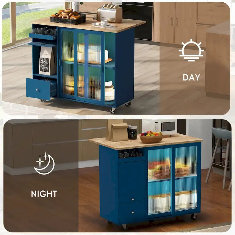 Îlot de cuisine de 111,76 cm de large avec plateau en bois d'hévéa à abattant sur 5 roulettes avec étagère réglable et 2 tiroirs - 44