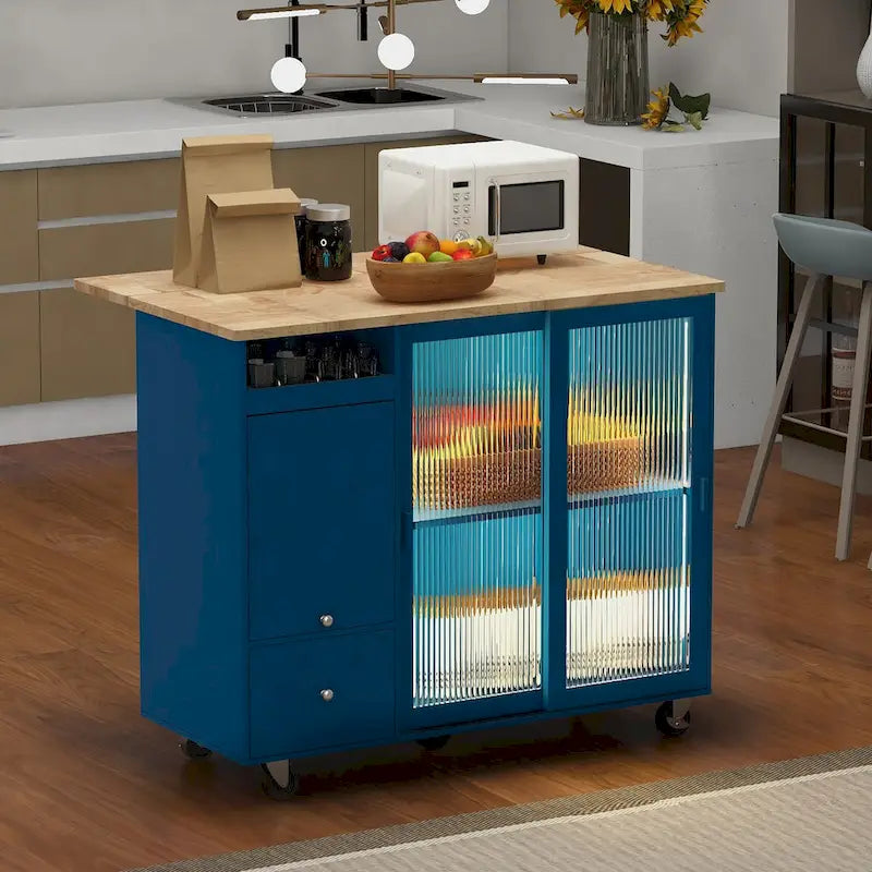 Îlot de cuisine de 111,76 cm de large avec plateau en bois d'hévéa à abattant sur 5 roulettes avec étagère réglable et 2 tiroirs - 44