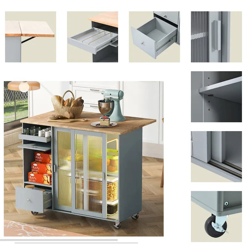 Îlot de cuisine de 111,76 cm de large avec plateau en bois d'hévéa à abattant sur 5 roulettes avec étagère réglable et 2 tiroirs - 44