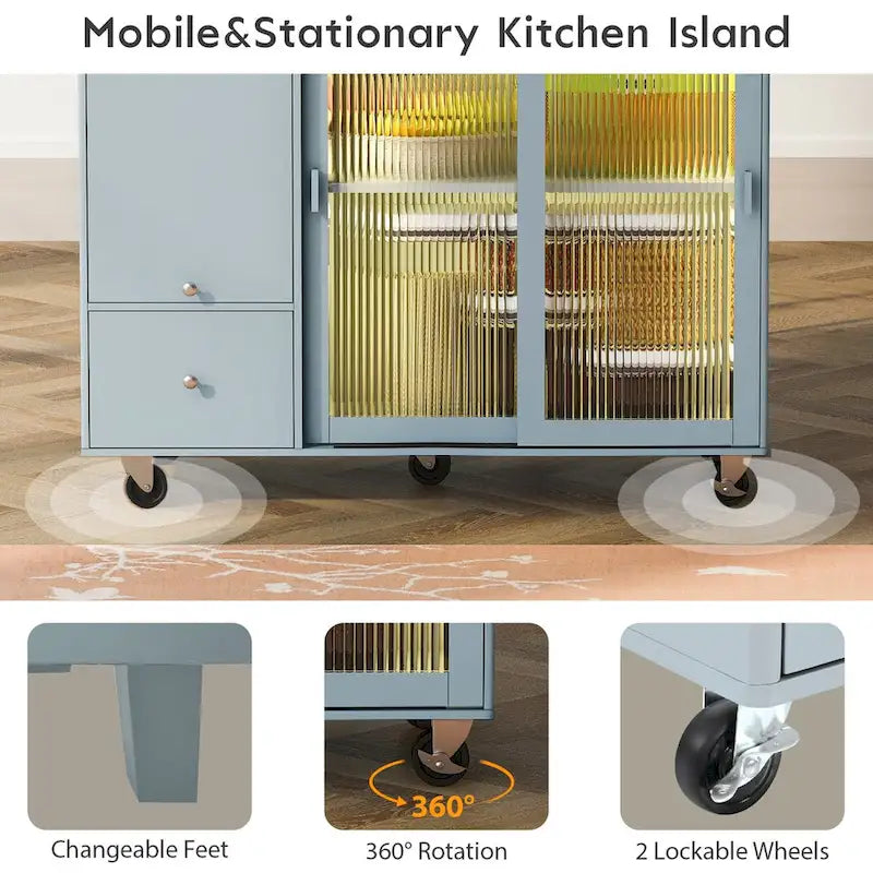 Îlot de cuisine de 111,76 cm de large avec plateau en bois d'hévéa à abattant sur 5 roulettes avec étagère réglable et 2 tiroirs - 44