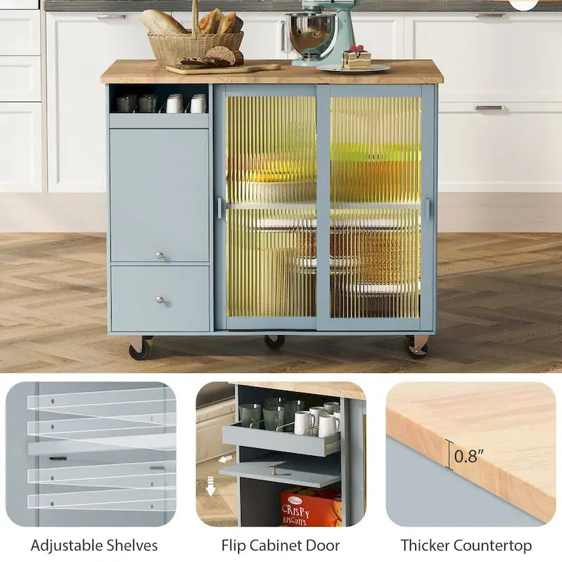 Îlot de cuisine de 111,76 cm de large avec plateau en bois d'hévéa à abattant sur 5 roulettes avec étagère réglable et 2 tiroirs - 44