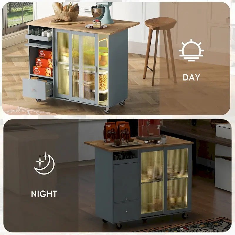 Îlot de cuisine de 111,76 cm de large avec plateau en bois d'hévéa à abattant sur 5 roulettes avec étagère réglable et 2 tiroirs - 44