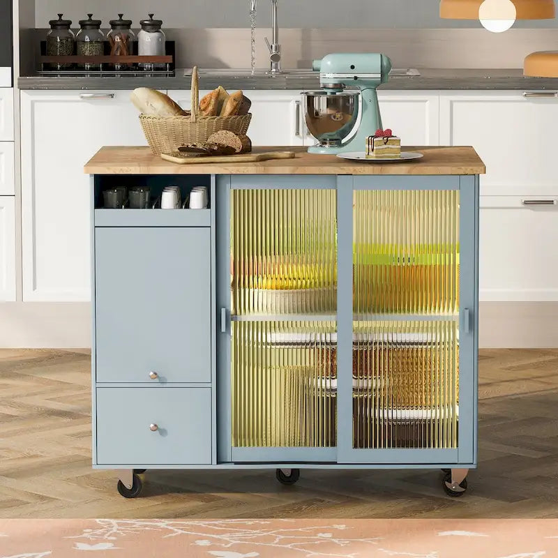 Îlot de cuisine de 111,76 cm de large avec plateau en bois d'hévéa à abattant sur 5 roulettes avec étagère réglable et 2 tiroirs - 44