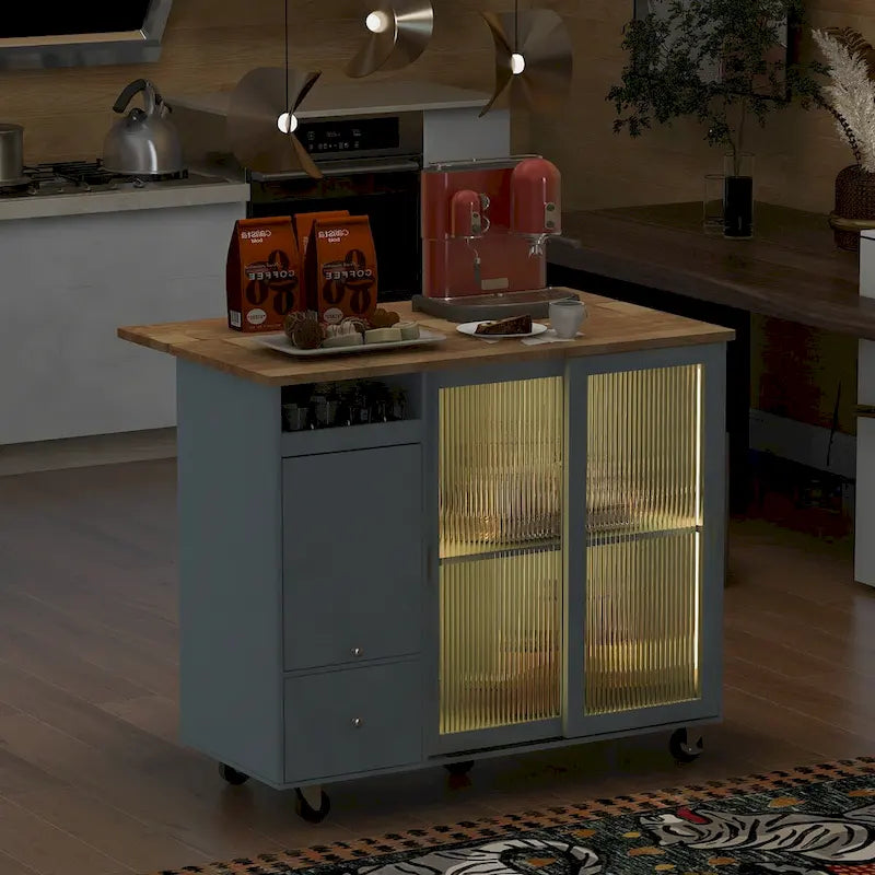 Îlot de cuisine de 111,76 cm de large avec plateau en bois d'hévéa à abattant sur 5 roulettes avec étagère réglable et 2 tiroirs - 44
