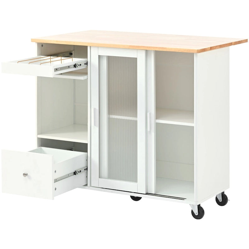 Îlot de cuisine de 111,76 cm de large avec plateau en bois d'hévéa à abattant sur 5 roulettes avec étagère réglable et 2 tiroirs - 44