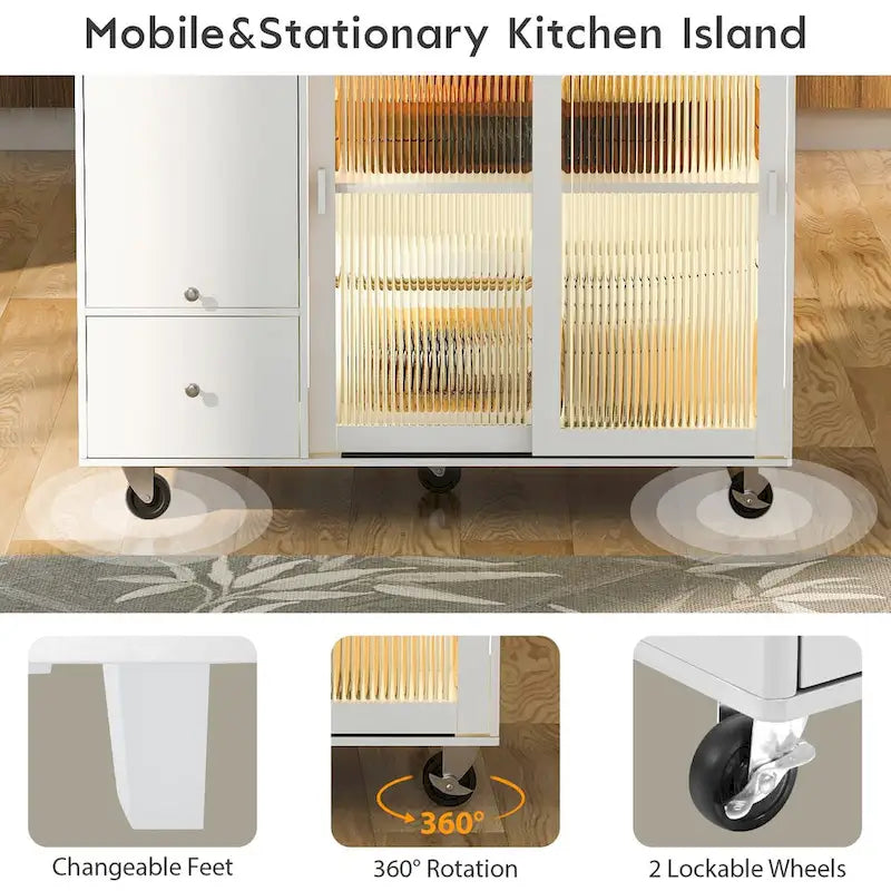Îlot de cuisine de 111,76 cm de large avec plateau en bois d'hévéa à abattant sur 5 roulettes avec étagère réglable et 2 tiroirs - 44