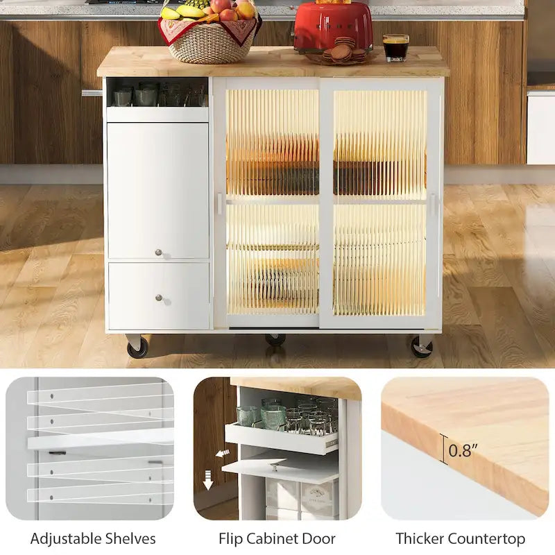 Îlot de cuisine de 111,76 cm de large avec plateau en bois d'hévéa à abattant sur 5 roulettes avec étagère réglable et 2 tiroirs - 44