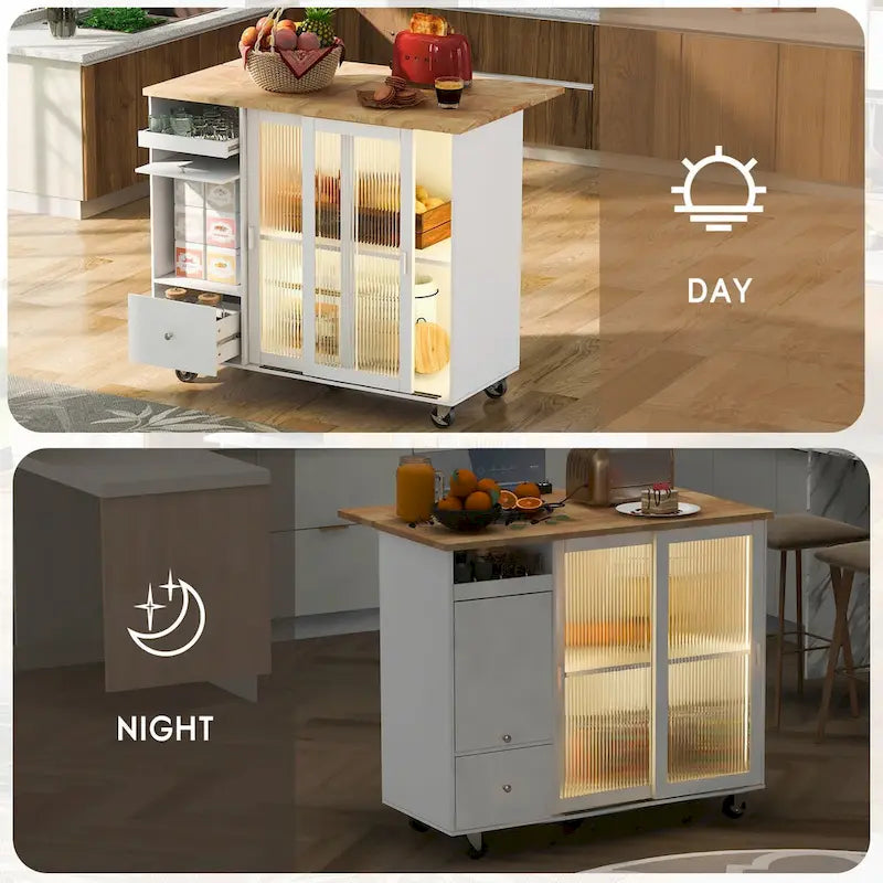 Îlot de cuisine de 111,76 cm de large avec plateau en bois d'hévéa à abattant sur 5 roulettes avec étagère réglable et 2 tiroirs - 44