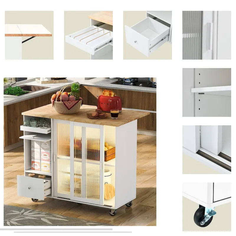 Îlot de cuisine de 111,76 cm de large avec plateau en bois d'hévéa à abattant sur 5 roulettes avec étagère réglable et 2 tiroirs - 44