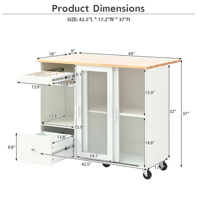 Îlot de cuisine de 111,76 cm de large avec plateau en bois d'hévéa à abattant sur 5 roulettes avec étagère réglable et 2 tiroirs - 44