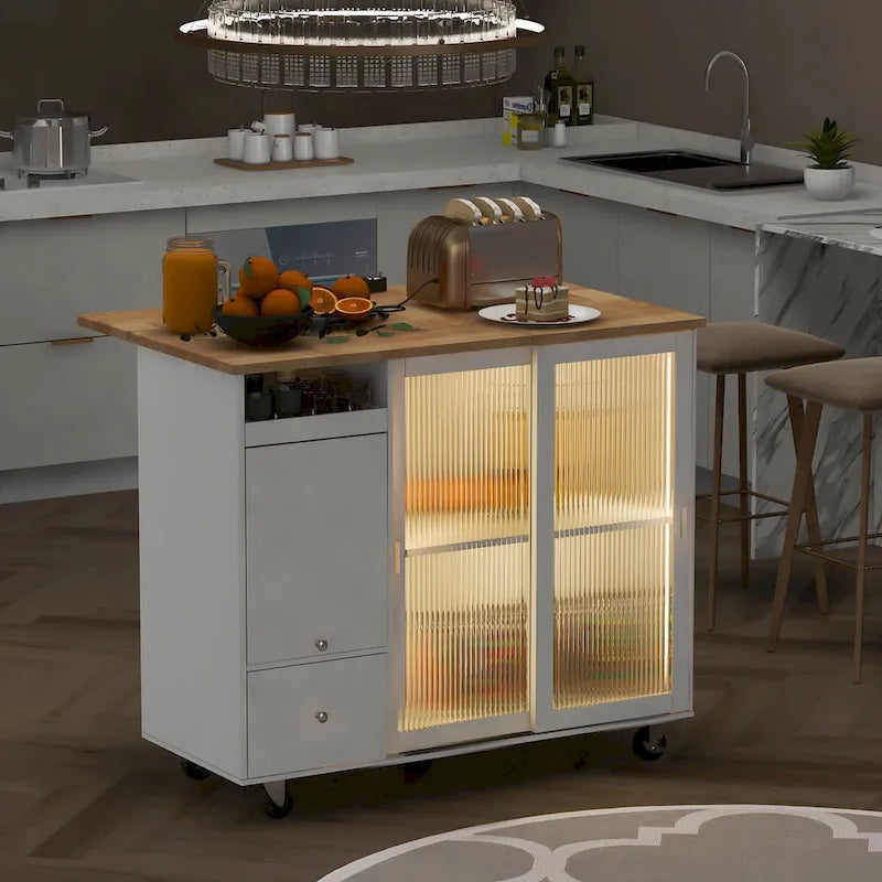 Îlot de cuisine de 111,76 cm de large avec plateau en bois d'hévéa à abattant sur 5 roulettes avec étagère réglable et 2 tiroirs - 44