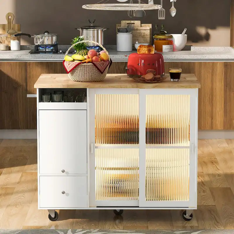 Îlot de cuisine de 111,76 cm de large avec plateau en bois d'hévéa à abattant sur 5 roulettes avec étagère réglable et 2 tiroirs - 44