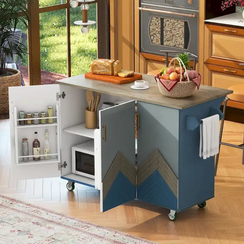 Îlot de cuisine rétro de 129,5 cm de large avec plateau abattant, 4 roulettes, étagère de rangement interne et porte-serviettes