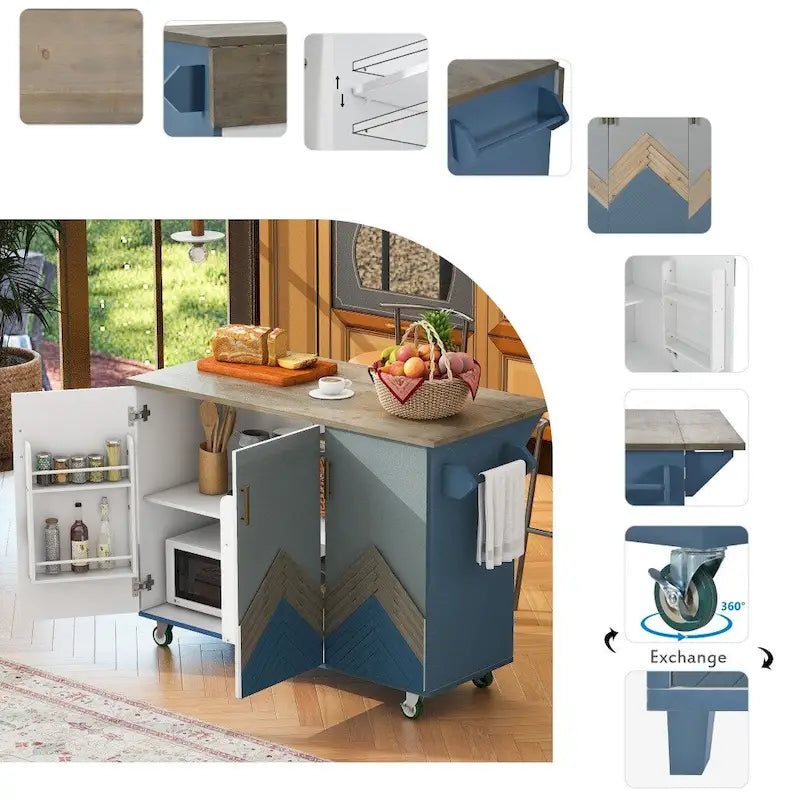 Îlot de cuisine rétro de 129,5 cm de large avec plateau abattant, 4 roulettes, étagère de rangement interne et porte-serviettes