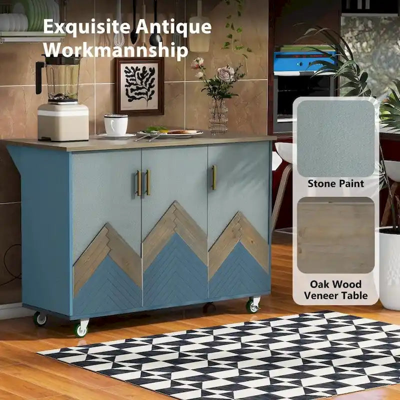 Îlot de cuisine rétro de 129,5 cm de large avec plateau abattant, 4 roulettes, étagère de rangement interne et porte-serviettes
