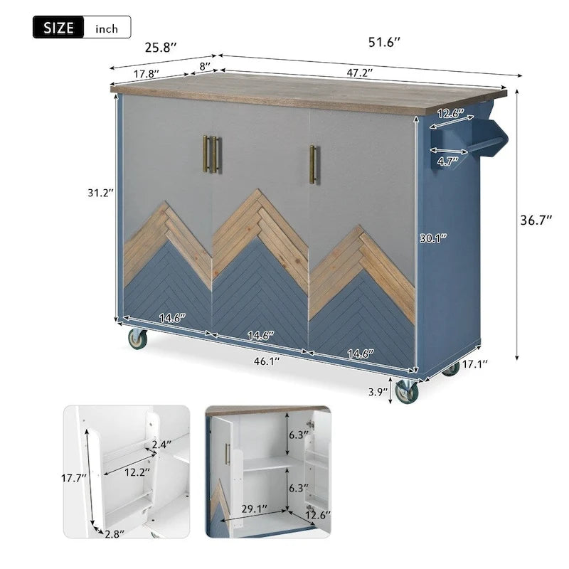Îlot de cuisine rétro de 129,5 cm de large avec plateau abattant, 4 roulettes, étagère de rangement interne et porte-serviettes
