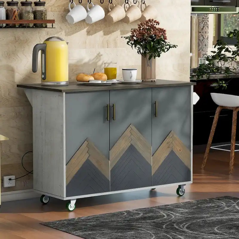 Îlot de cuisine rétro de 129,5 cm de large avec plateau abattant, 4 roulettes, étagère de rangement interne et porte-serviettes