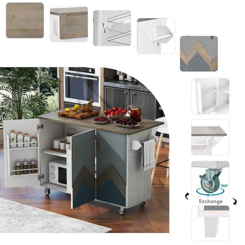Îlot de cuisine rétro de 129,5 cm de large avec plateau abattant, 4 roulettes, étagère de rangement interne et porte-serviettes