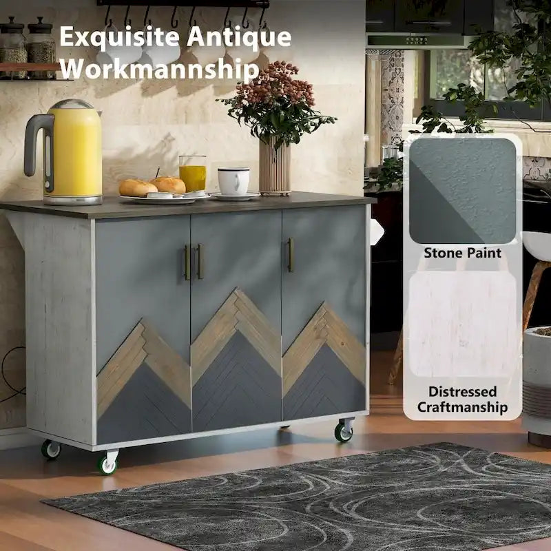 Îlot de cuisine rétro de 129,5 cm de large avec plateau abattant, 4 roulettes, étagère de rangement interne et porte-serviettes