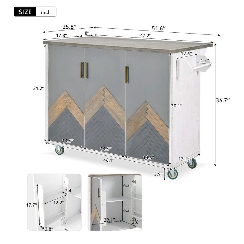 Îlot de cuisine rétro de 129,5 cm de large avec plateau abattant, 4 roulettes, étagère de rangement interne et porte-serviettes