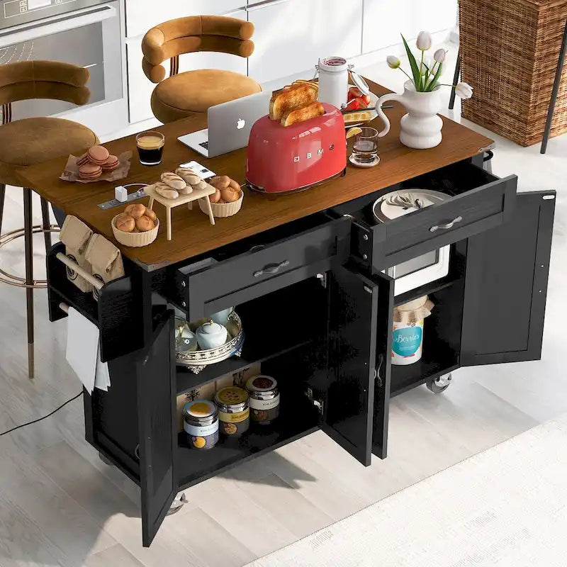 53,5 Chariot de cuisine de style campagnard avec prise de courant, abattant, porte-épices et tiroirs, desserte mobile à roulettes