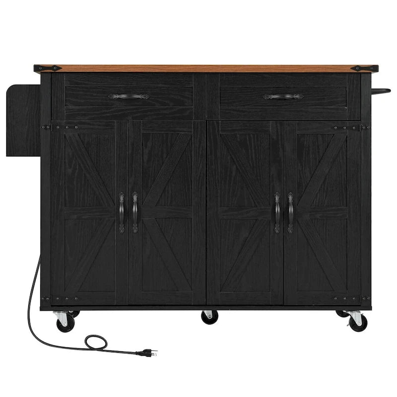 53,5 Chariot de cuisine de style campagnard avec prise de courant, abattant, porte-épices et tiroirs, desserte mobile à roulettes