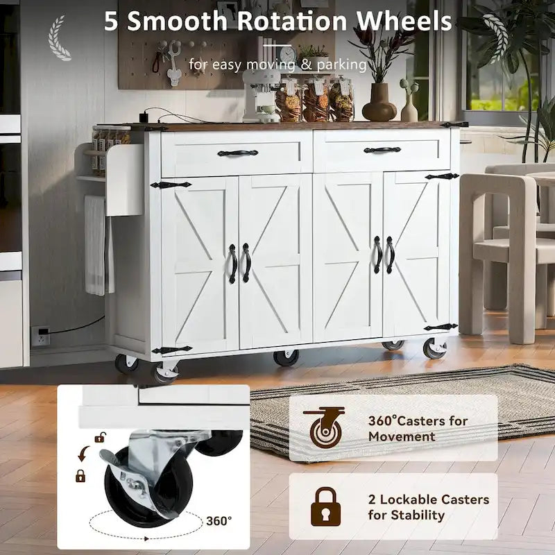 53,5 Chariot de cuisine de style campagnard avec prise de courant, abattant, porte-épices et tiroirs, desserte mobile à roulettes