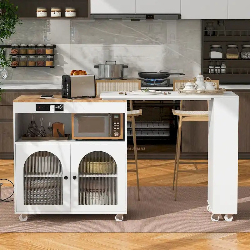Îlot de cuisine de 143 cm (L) avec table extensible, éclairage LED et 3 étagères ouvertes latérales
