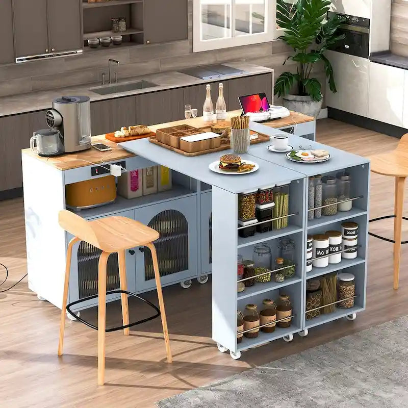 Îlot de cuisine de 143 cm (L) avec table extensible, éclairage LED et 3 étagères ouvertes latérales