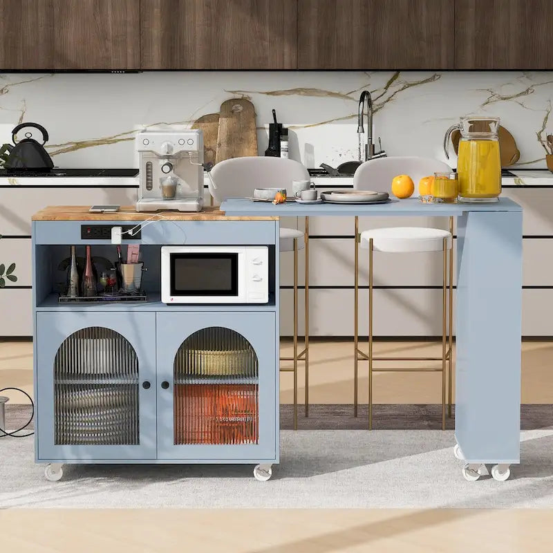 Îlot de cuisine de 143 cm (L) avec table extensible, éclairage LED et 3 étagères ouvertes latérales