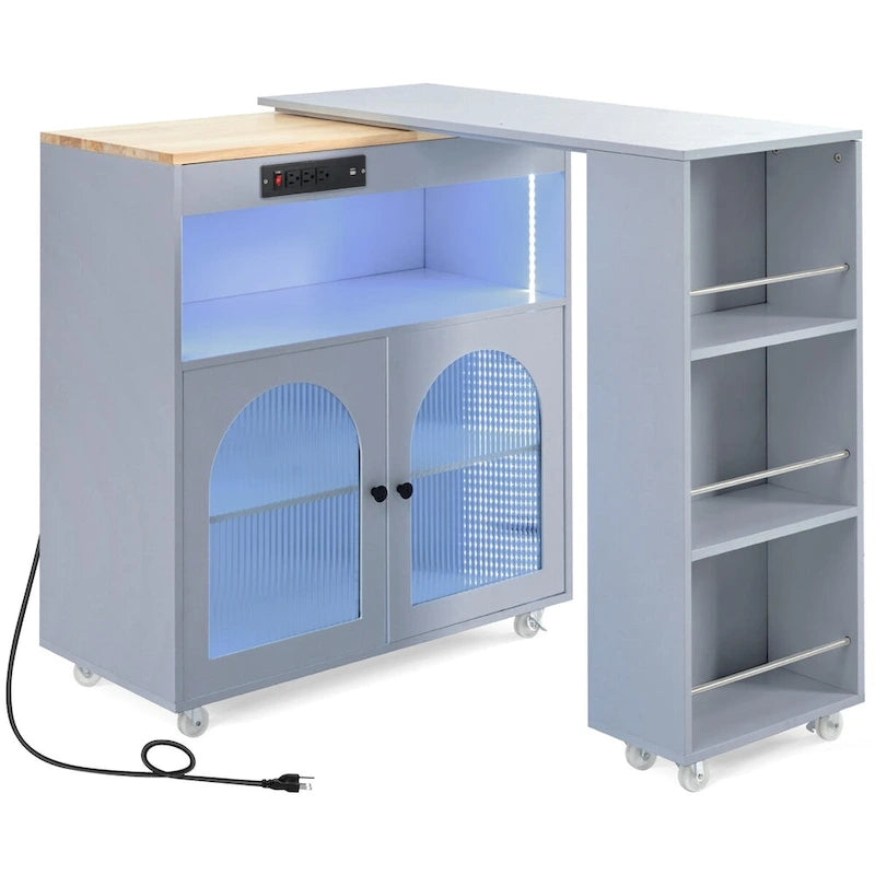 Îlot de cuisine de 143 cm (L) avec table extensible, éclairage LED et 3 étagères ouvertes latérales