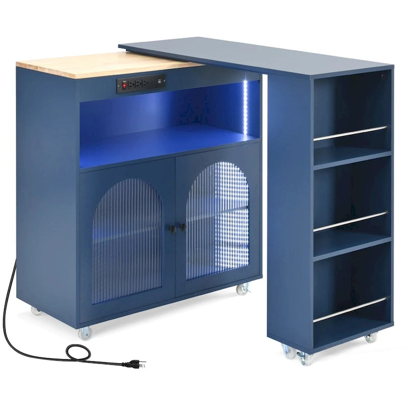 Îlot de cuisine de 143 cm (L) avec table extensible, éclairage LED et 3 étagères ouvertes latérales