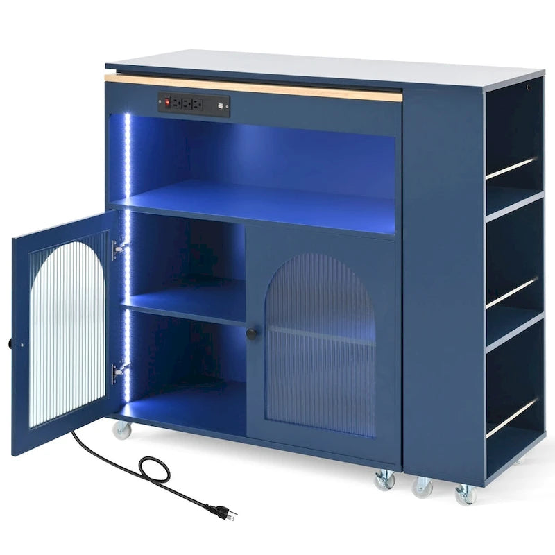 Îlot de cuisine de 143 cm (L) avec table extensible, éclairage LED et 3 étagères ouvertes latérales