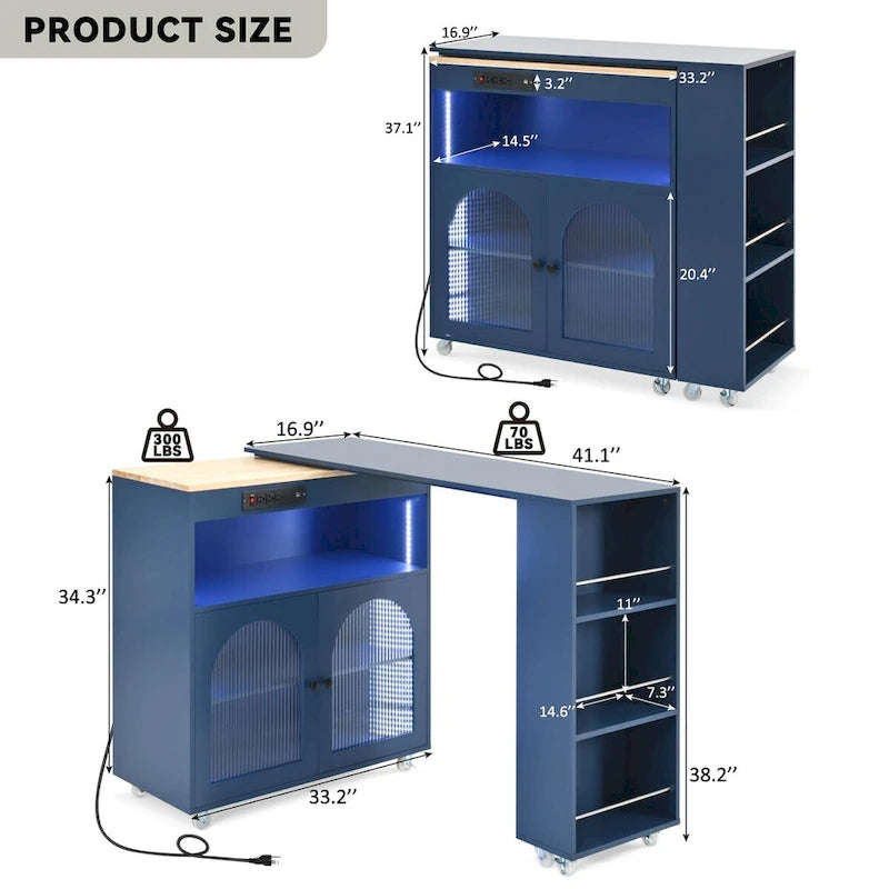 Îlot de cuisine de 143 cm (L) avec table extensible, éclairage LED et 3 étagères ouvertes latérales