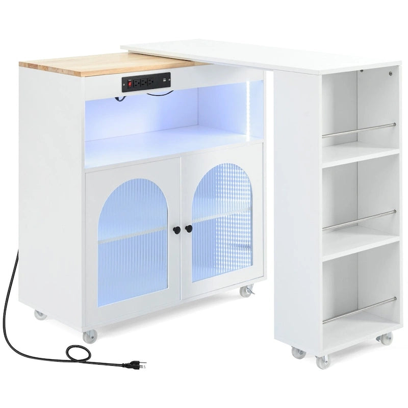 Îlot de cuisine de 143 cm (L) avec table extensible, éclairage LED et 3 étagères ouvertes latérales