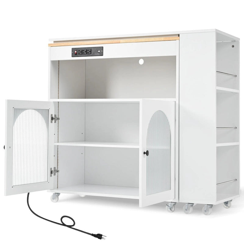 Îlot de cuisine de 143 cm (L) avec table extensible, éclairage LED et 3 étagères ouvertes latérales