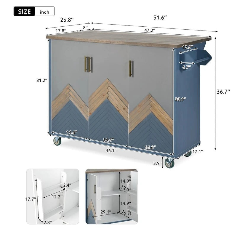 Îlot de cuisine en bois 47D avec abattant, avec étagère de rangement interne