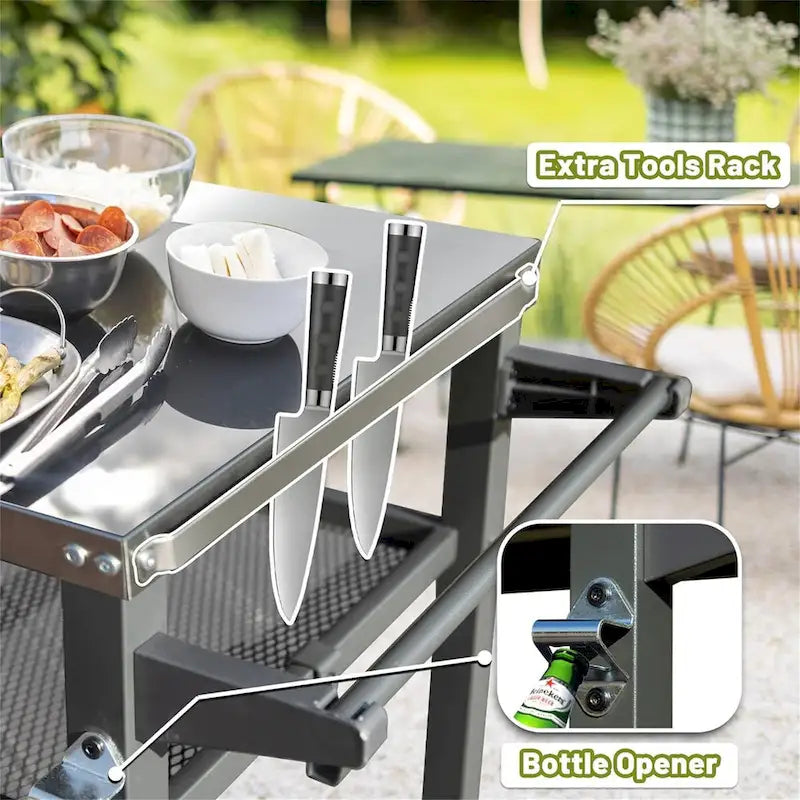 Desserte de barbecue à 3 étagères avec roues, plateau en acier inoxydable