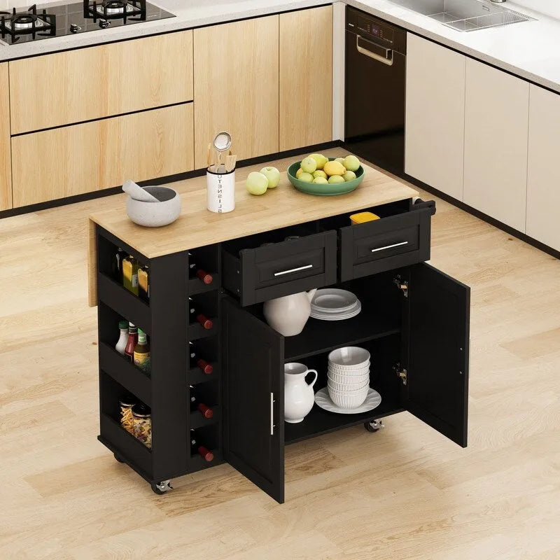46.46Chariot d'îlot de cuisine multifonctionnel avec porte-épices, porte-bouteilles, porte-serviettes et plateau pliable en bois d'hévéa