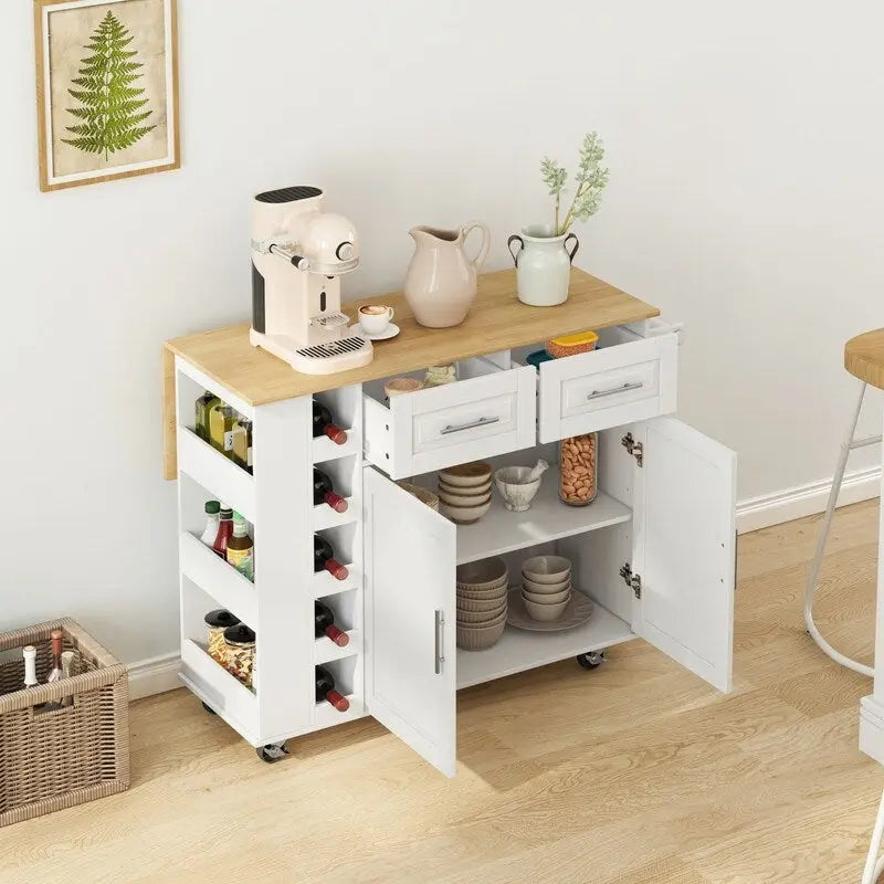 46.46Chariot d'îlot de cuisine multifonctionnel avec porte-épices, porte-bouteilles, porte-serviettes et plateau pliable en bois d'hévéa