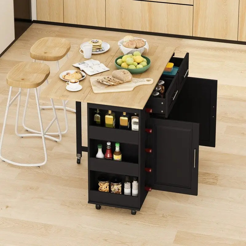 46.46Chariot d'îlot de cuisine multifonctionnel avec porte-épices, porte-bouteilles, porte-serviettes et plateau pliable en bois d'hévéa
