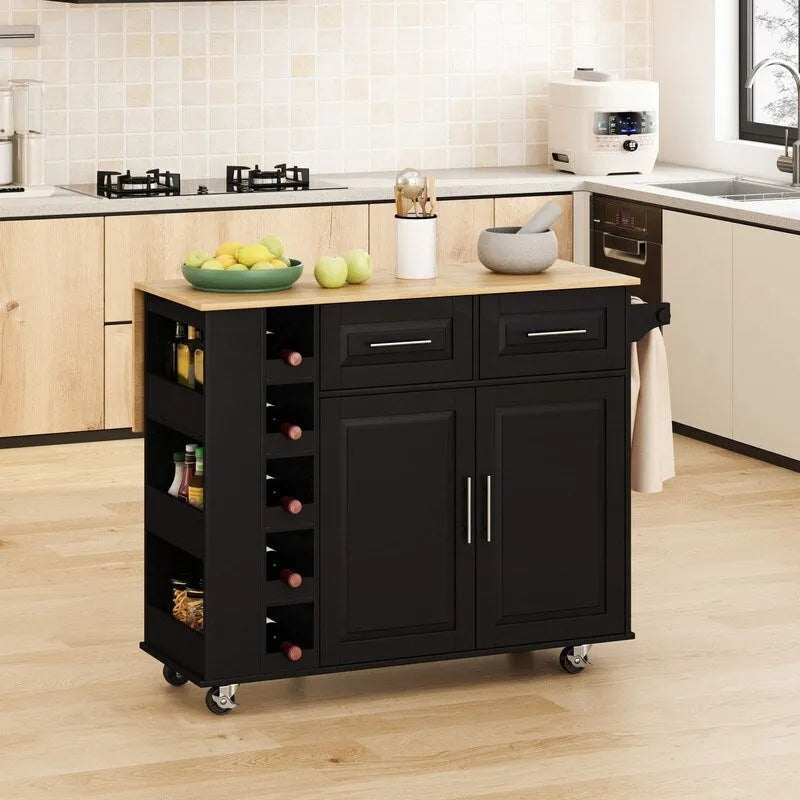 46.46Chariot d'îlot de cuisine multifonctionnel avec porte-épices, porte-bouteilles, porte-serviettes et plateau pliable en bois d'hévéa