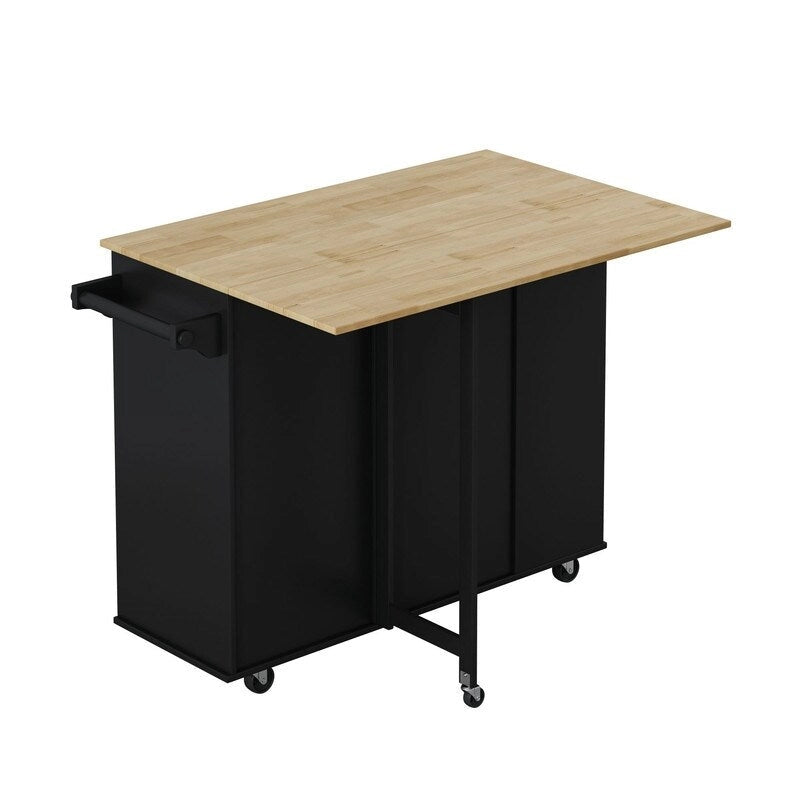 46.46Chariot d'îlot de cuisine multifonctionnel avec porte-épices, porte-bouteilles, porte-serviettes et plateau pliable en bois d'hévéa
