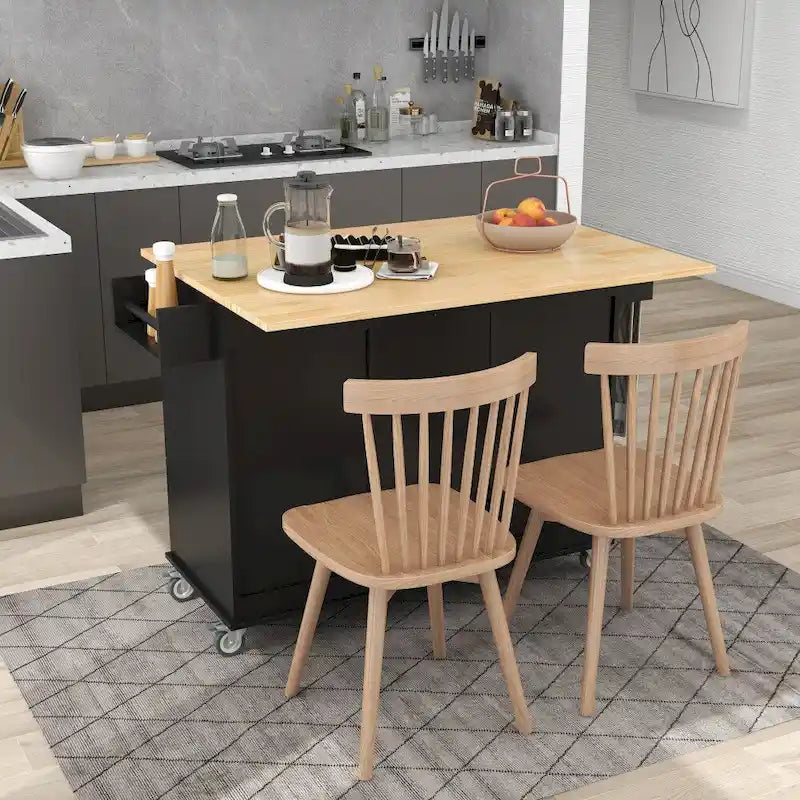 Îlot de cuisine mobile à roulettes de 52,7 po avec dessus en bois massif