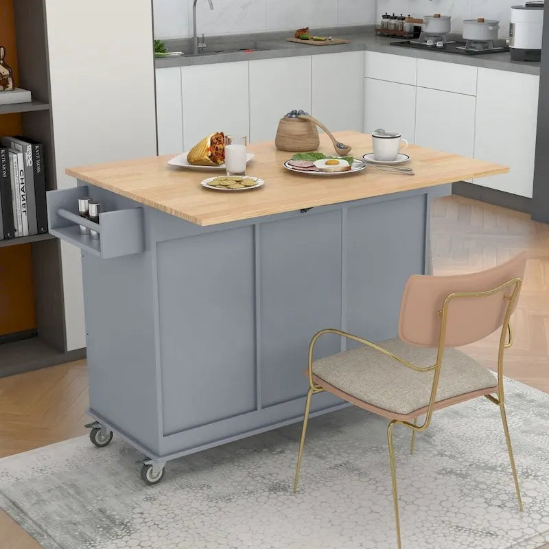 Îlot de cuisine mobile à roulettes de 52,7 po avec dessus en bois massif