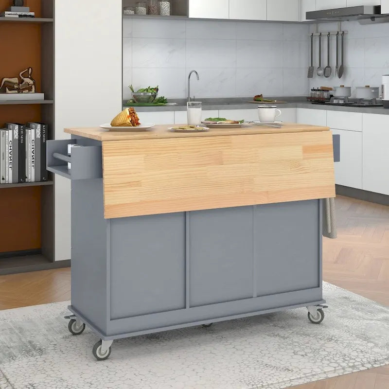 Îlot de cuisine mobile à roulettes de 52,7 po avec dessus en bois massif