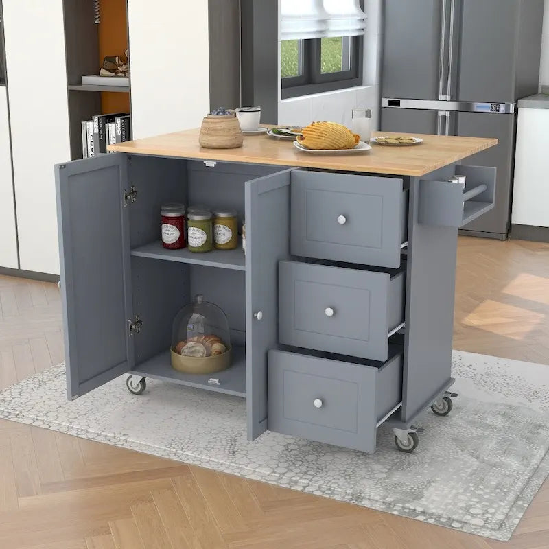 Îlot de cuisine mobile à roulettes de 52,7 po avec dessus en bois massif
