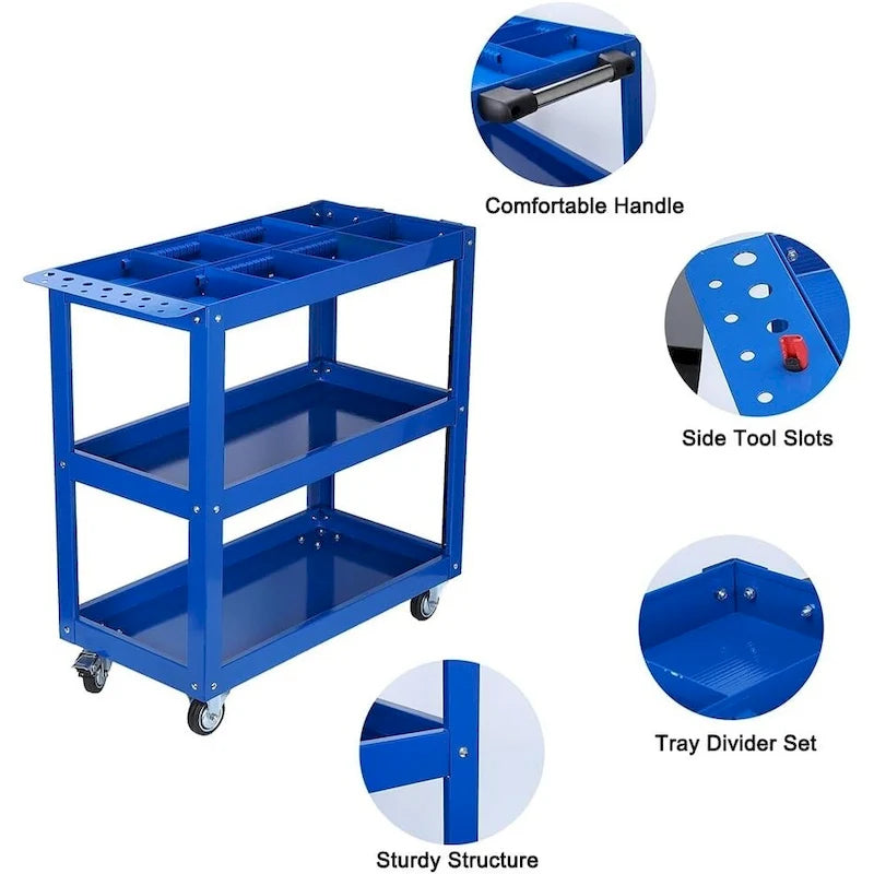 Chariot à outils à 3 niveaux sur roulettes, chariot utilitaire en acier robuste de 204 kg avec roulettes verrouillables pour cuisine, garage, entrepôt