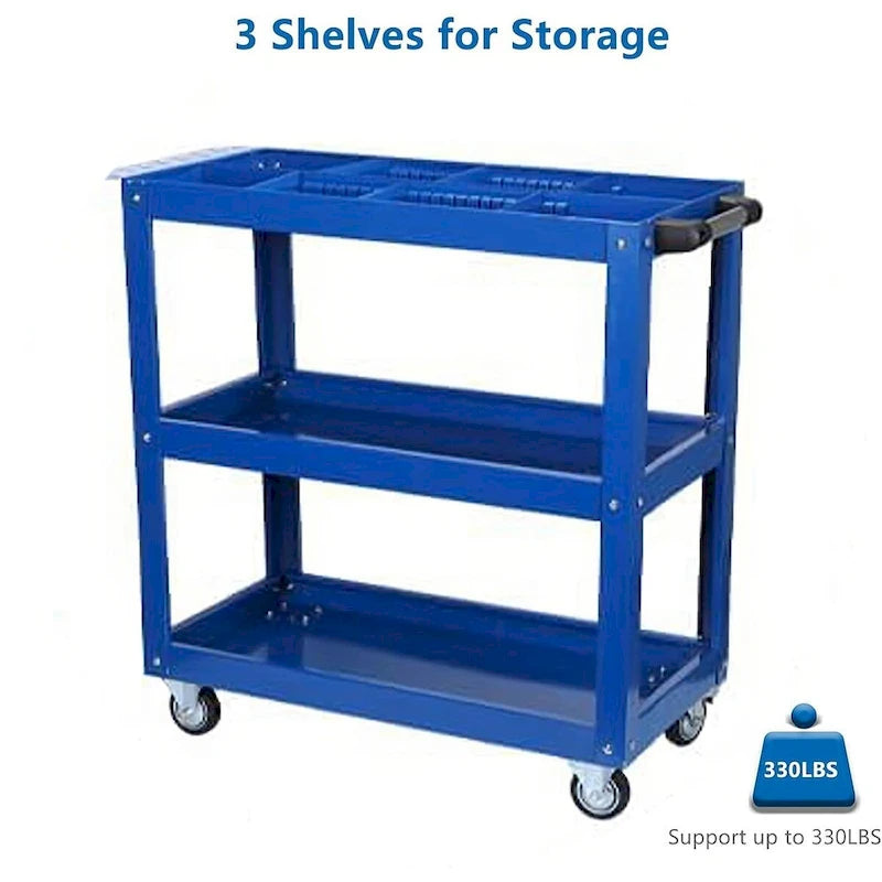 Chariot à outils à 3 niveaux sur roulettes, chariot utilitaire en acier robuste de 204 kg avec roulettes verrouillables pour cuisine, garage, entrepôt