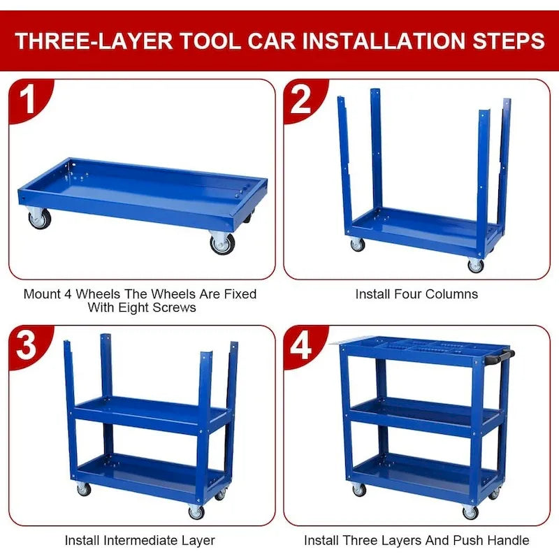 Chariot à outils à 3 niveaux sur roulettes, chariot utilitaire en acier robuste de 204 kg avec roulettes verrouillables pour cuisine, garage, entrepôt